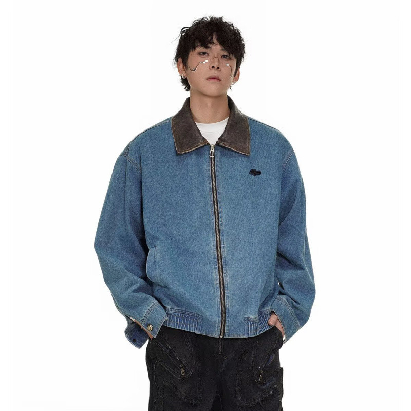 Áo khoác denim nam nữ màu xanh phong cách American retro - Áo khoác jean form rộng cổ bẻ phối màu - 