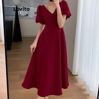 Lovito Váy Dạ Hội Giáng Sinh Thanh Lịch Cổ Chữ V Tay Ngắn Dáng Chữ a Dài Đến Đầu Gối Dành Cho Nữ Lne09088 (nhiều Màu)