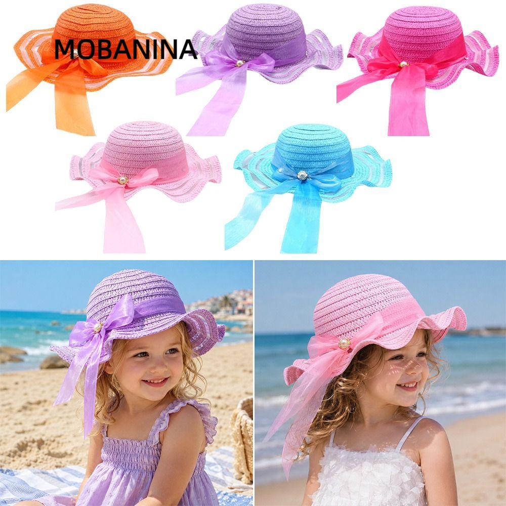 Mũ Rơm MOBANINA, Mũ Chống Nắng Vành Rộng Handmade, Trang Trí Hoa Ngọt Ngào Mũ Đi Biển 3-7Year Mùa Hè