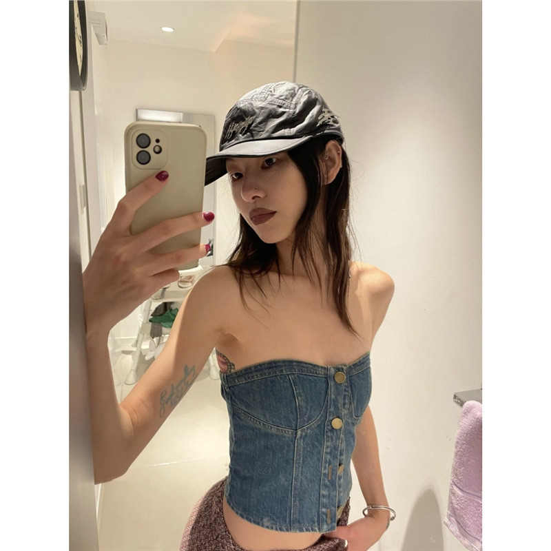 Xilasemei Washed Denim Tube Top for Women, Summer Vintage Slim-Fit Short Top