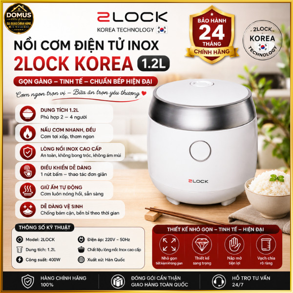 Nồi Cơm Điện Tử 2LOCK Korea RC25-3009W, 1.2L Inox Cao Cấp, Giữ Ấm Tự Động, Chính Hãng Bảo Hành 24th