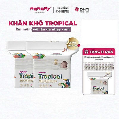 [MUA 2 TẶNG 11] MUA 2 túi khăn khô đa năng Mamamy Tropical 160 tờ TẶNG 1 túi cùng loại + 10 khăn ướt mini 10 tờ