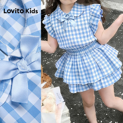 Lovito Kids Set chân váy bé gái xanh dương xuân hè xếp nếp nơ phong cách thường ngày L186LD274
