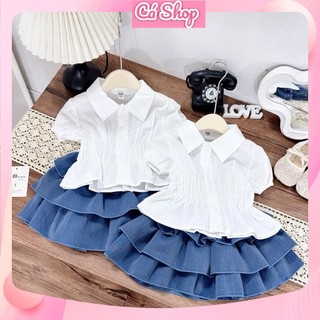 NB398 Set áo sơ mi trắng học sinh chân váy tầng cho bé gái 
