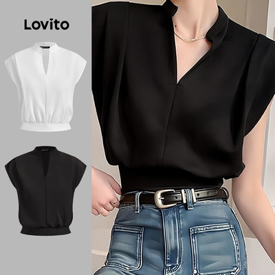 (New) Áo kiểu Lovito thanh lịch màu trơn xếp ly hai lớp phong cách cho nữ L128ED374