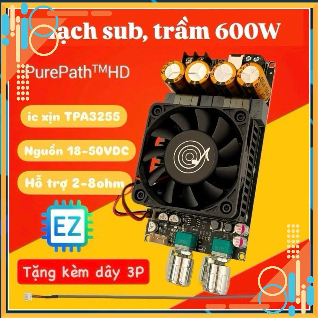 ZK-6001 Mạch khuyếch đại, công suất sub, siêu trầm TPA3255 600W, 18-50VDC tích hợp điều chỉnh cắt tầ
