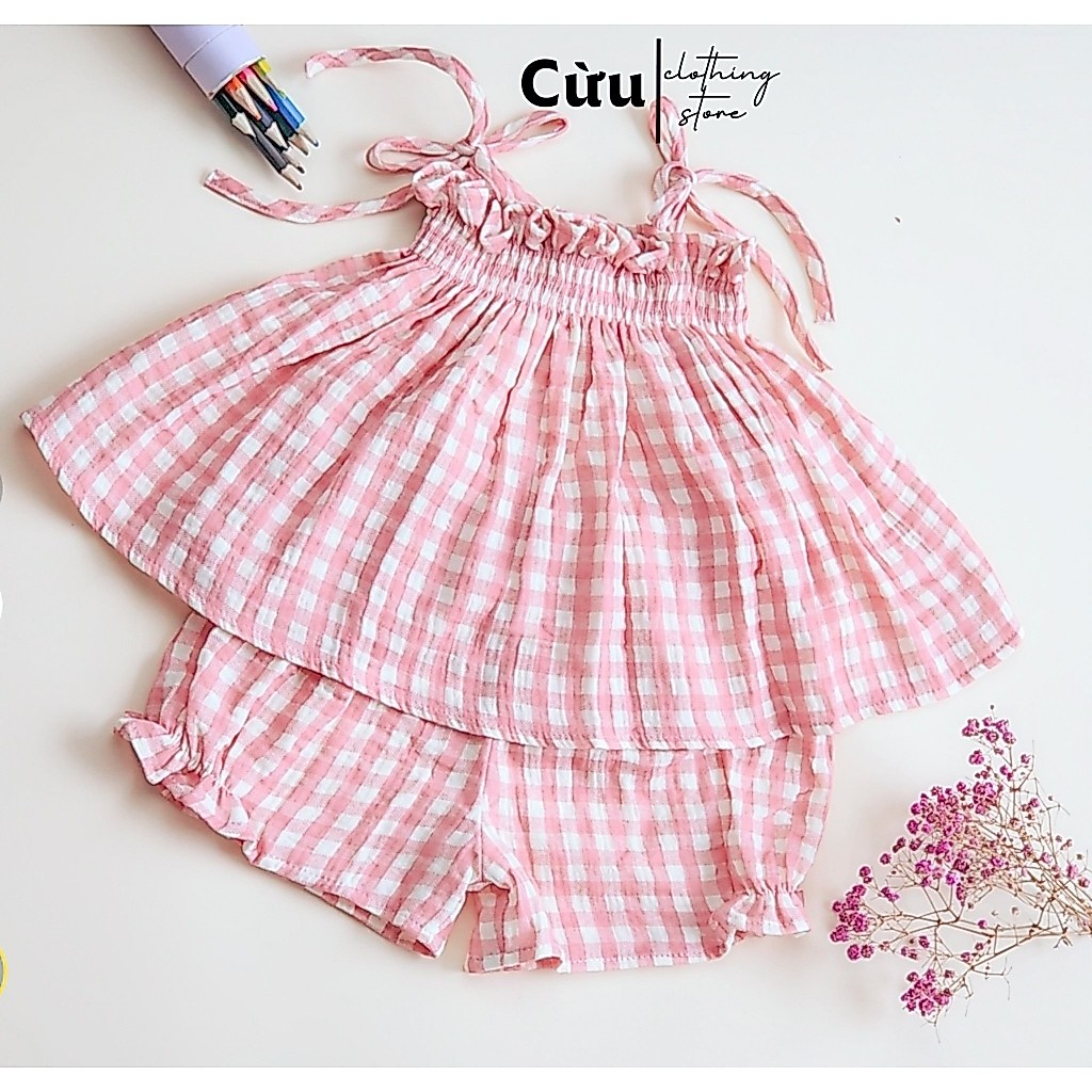 Bộ 2 dây bé gái Cừu Con, set đồ bộ buộc dây quần rời chất liệu xô muslin, đồ bộ babydoll cho bé gái 