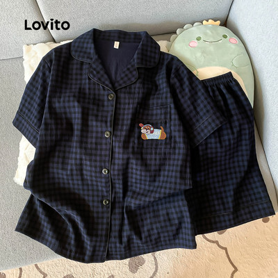 Lovito Bộ đồ ngủ 2 món phong cách thường ngày kiểu Nhật caro thêu hoạt hình cho nữ LNE134154