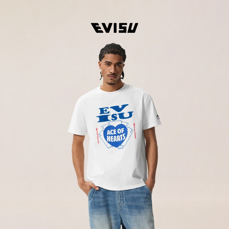 Unisex Retro Ace Of Hearts Thẻ Trái Tim Logo In Mặt Trước EVLSU Quá Khổ 100% Cotton Cổ Tròn Hàng Ngà