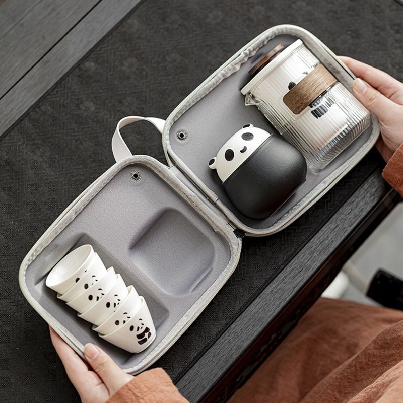 Bộ trà du lịch Panda, bộ di động, ly trà nhanh bằng kính, một ấm, ba ly, sáu ly, pha trà ngoài trời