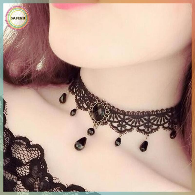Safenh Choker Pha lê đen Vintage Victoria,Style Steampunk cho Nữ