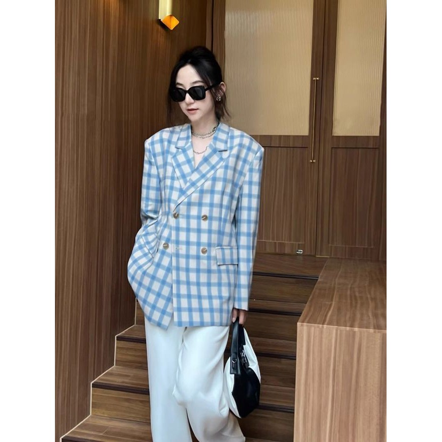 Áo Blazer Nữ Kẻ Sọc Retro Màu Xanh và Trắng, Phù Hợp Mặc Hàng Ngày