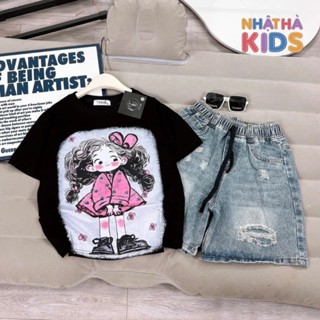  Bộ quần áo bé gái áo thun COTTON quần short jean T18 Nhật Hà Kids size đại từ 20-55kg phom dáng thoải mái phong cách. 