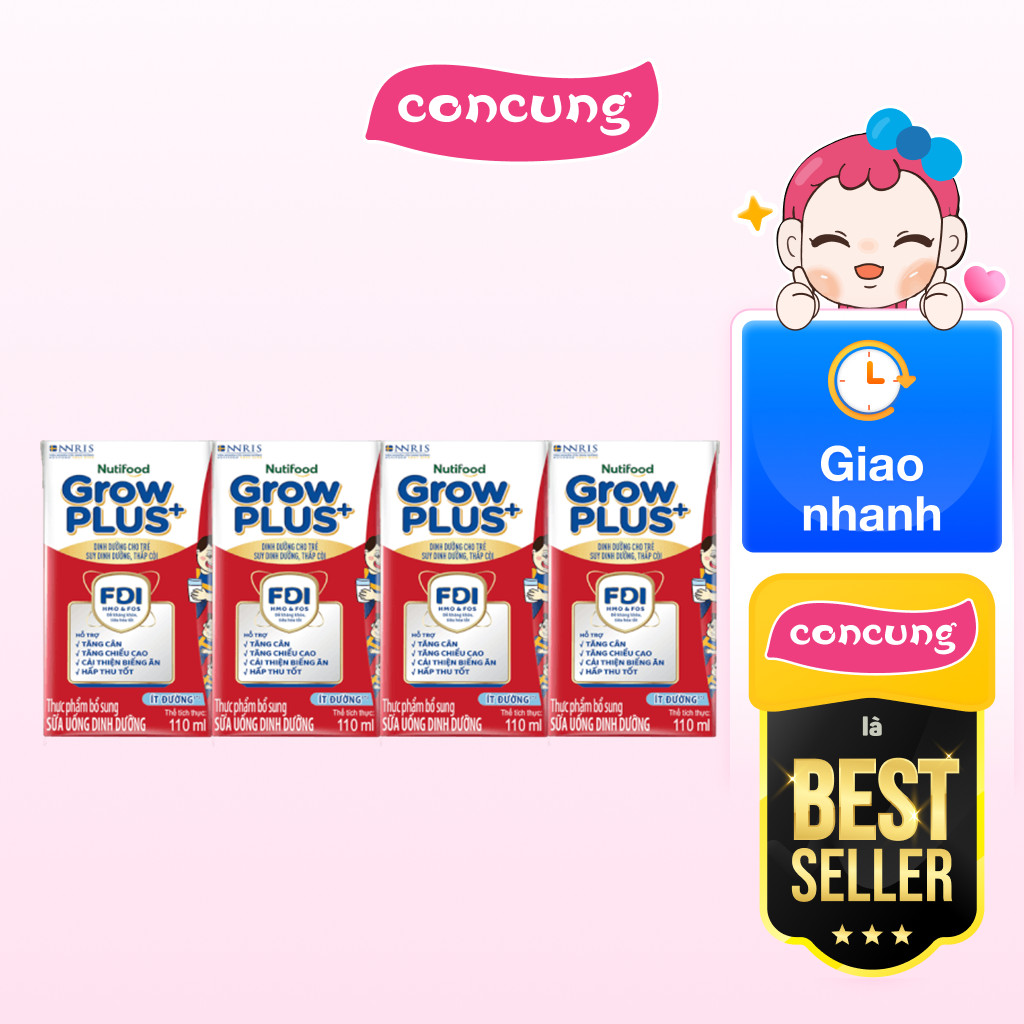 Sữa GrowPLUS+ ít đường 110ml (lốc 4 hộp)