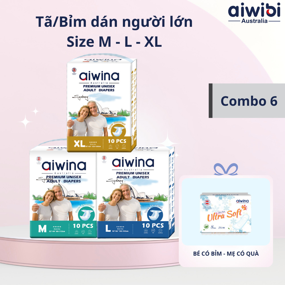Combo 6 Tã dán người lớn Aiwina siêu mỏng, siêu mềm size M/L/XL -túi 10 miếng