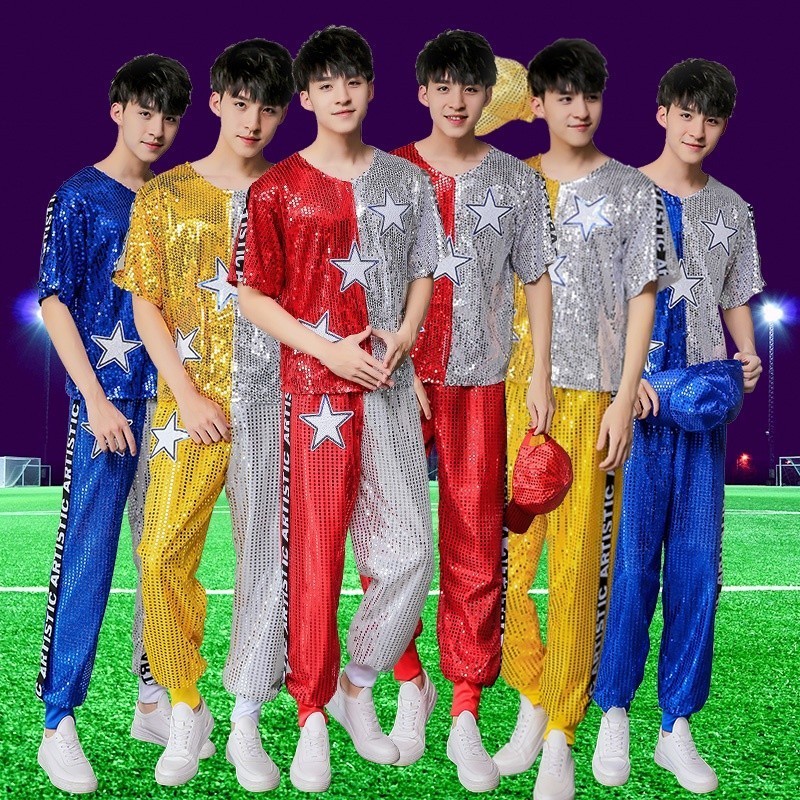 Áo thun nam vàng sáng bóng sequinsed Bộ quần áo bạc bling bling tay ngắn Áo hip-hop đường phố khiêu 