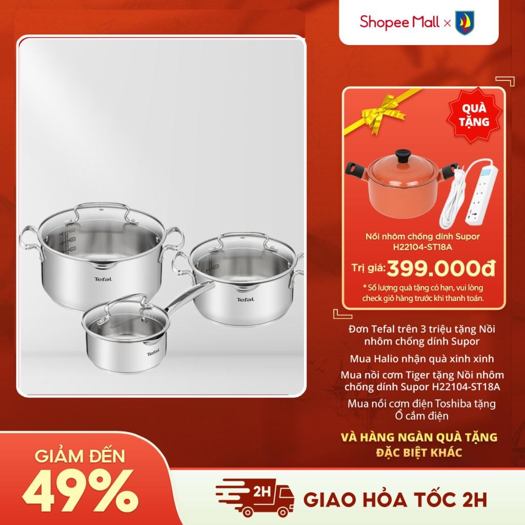 Bộ 3 nồi inox cao cấp Tefal Duetto Plus/G719S674 - Quánh 16cm, Nồi inox 20cm, Nồi inox 24cm