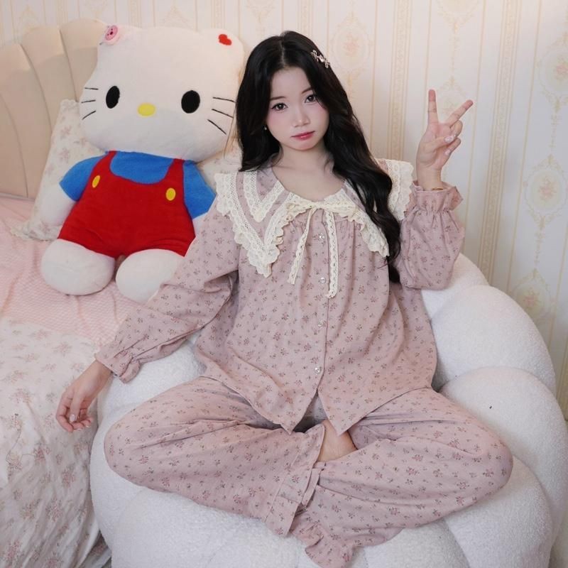 Đũi hàn dài tay bộ ngủ dài tay nữ tiểu thư cổ nhọn bèo vải đũi mùa hè mặc đi ngủ mát mẻ thoải mái Women Quần Ngủ Áo Ngủ | BigBuy360 - bigbuy360.vn