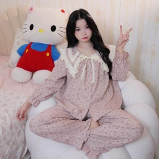  Đũi hàn dài tay bộ ngủ dài tay nữ tiểu thư cổ nhọn bèo vải đũi mùa hè mặc đi ngủ mát mẻ thoải mái Women Quần Ngủ Áo Ngủ 