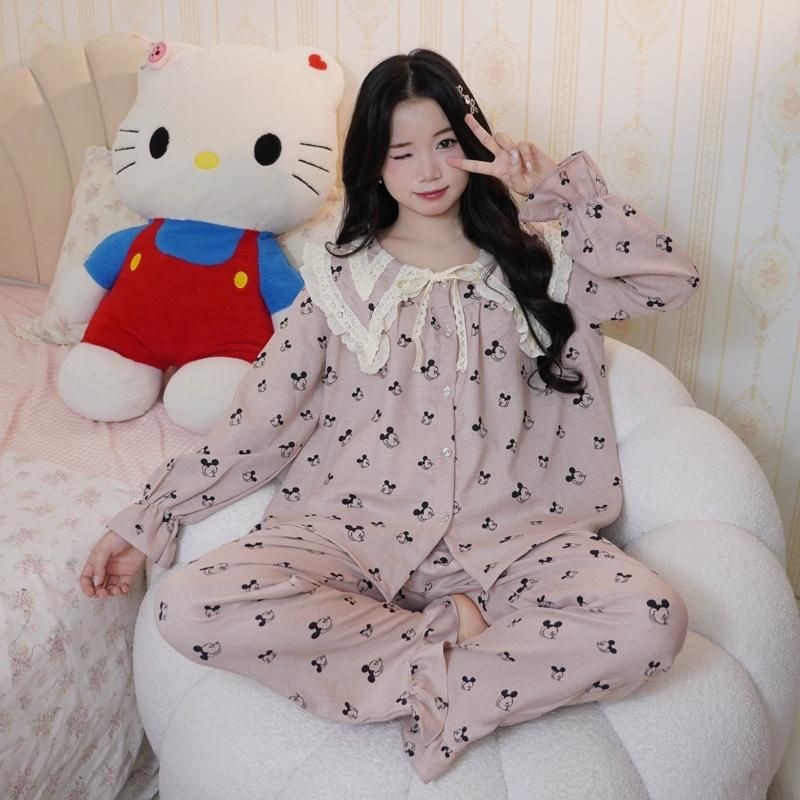 Đũi hàn dài tay bộ ngủ dài tay nữ tiểu thư cổ nhọn bèo vải đũi mùa hè mặc đi ngủ mát mẻ thoải mái Women Quần Ngủ Áo Ngủ | BigBuy360 - bigbuy360.vn