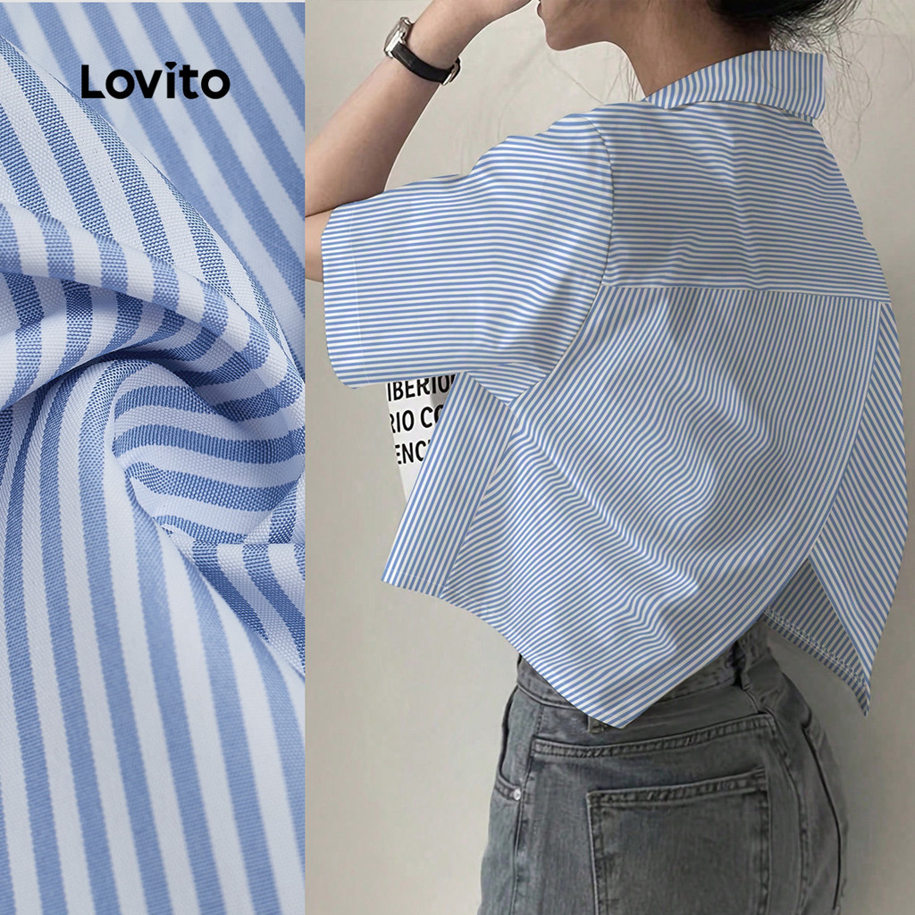 Lovito Áo sơ mi nữ casual cài nút áo sơ mi mùa xuân/hè màu xanh lam L155ED023