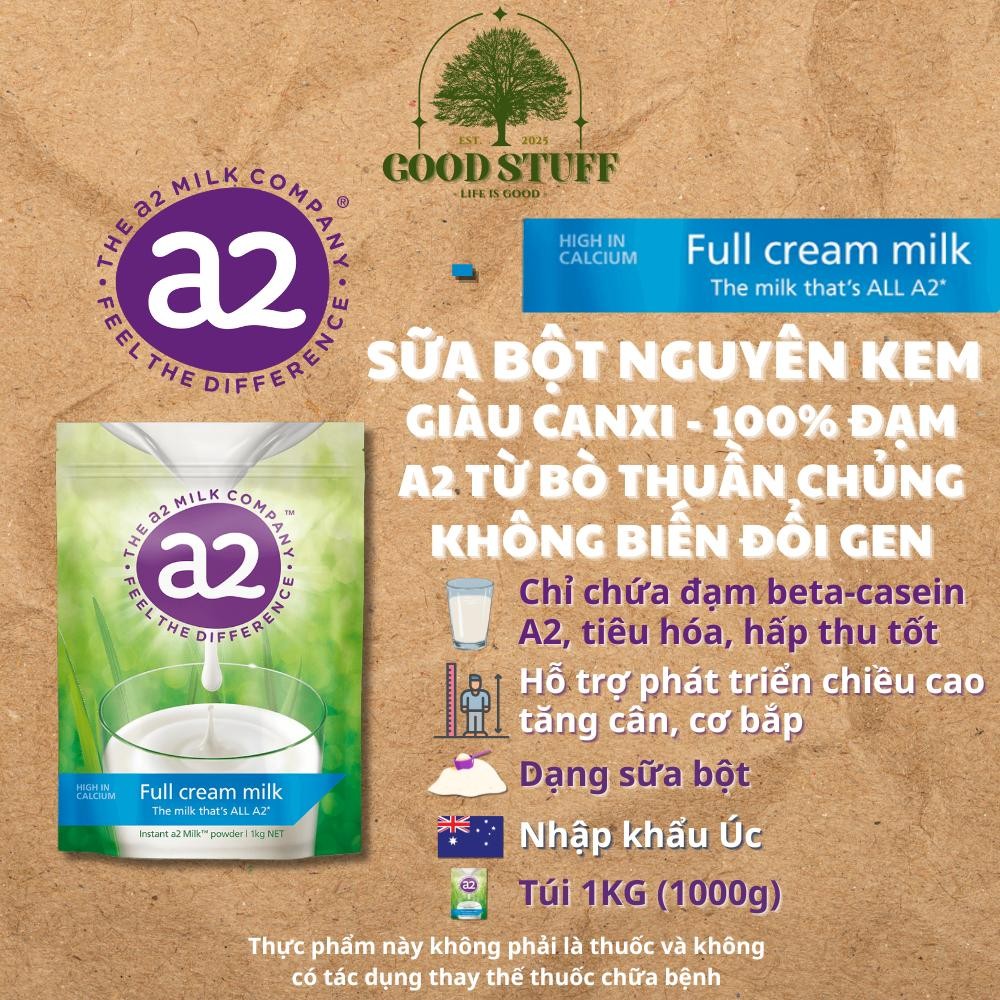Sữa bột nguyên kem A2 giàu canxi A2 Full Cream Milk Powder - Đạm protein A2 tăng cân, chiều cao & cơ