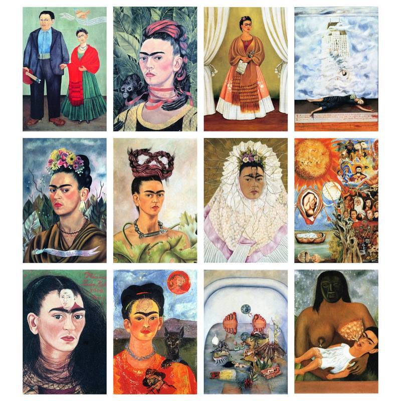 12 Chiếc Frida Kahlo Nghệ Thuật Poster Bộ Mexico Siêu Thực Tự Chân Dung Tranh Sơn Dầu Hoa Dân Gian V