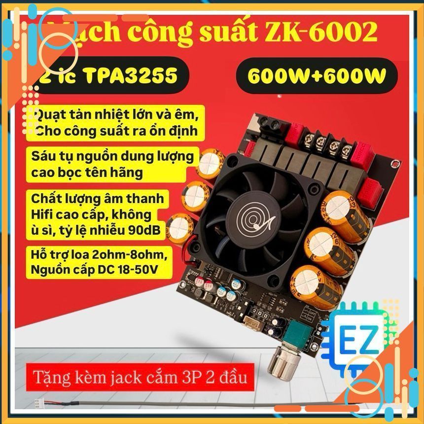 ZK-6002 Mạch khuyếch đại âm thanh 2.0 TPA3255 600W+600W 18-50VDC
