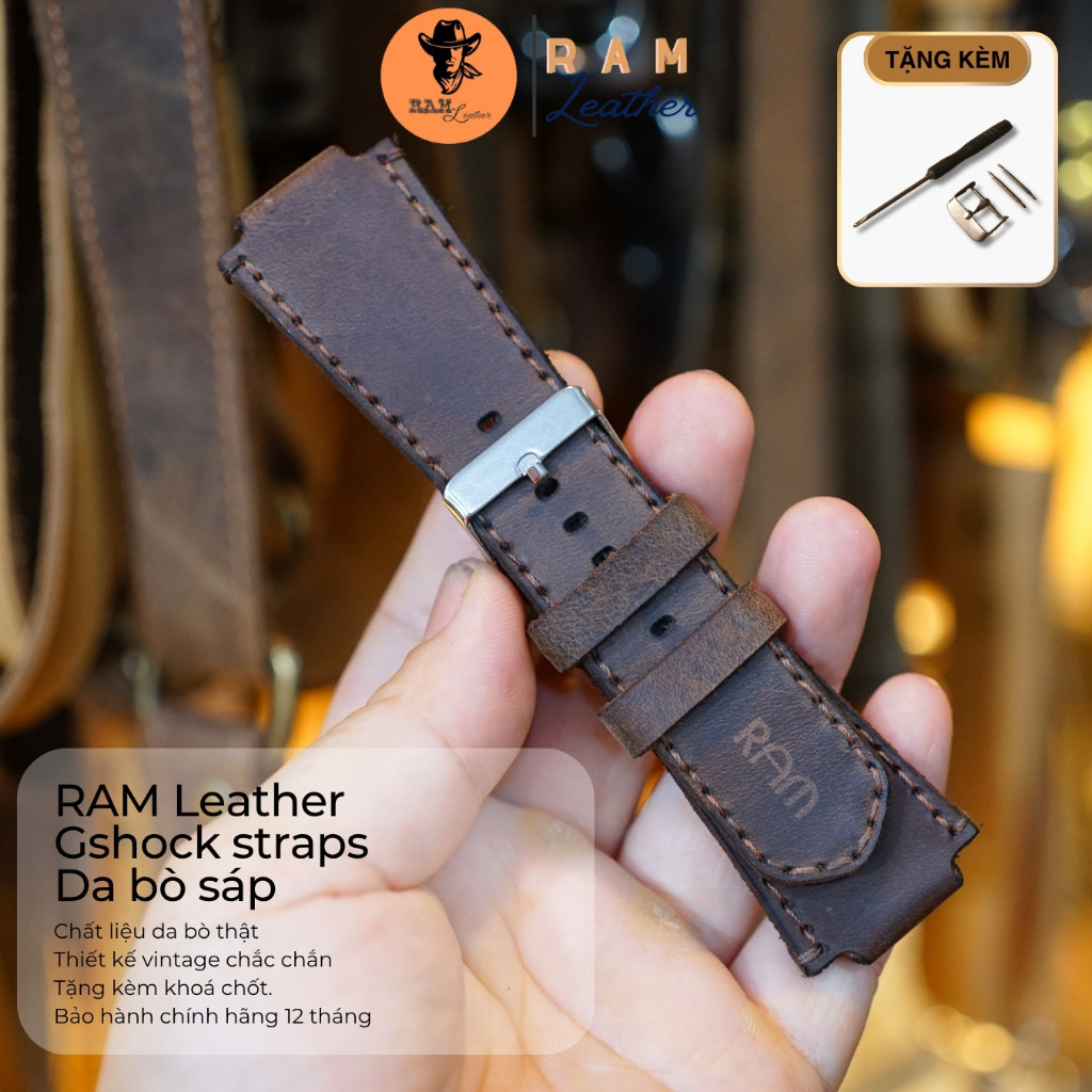 Dây Đồng Hồ GShock RAM Leather Da Bò Sáp Nâu Siêu bền – Phù Hợp GShock Gắn 16mm 18mm