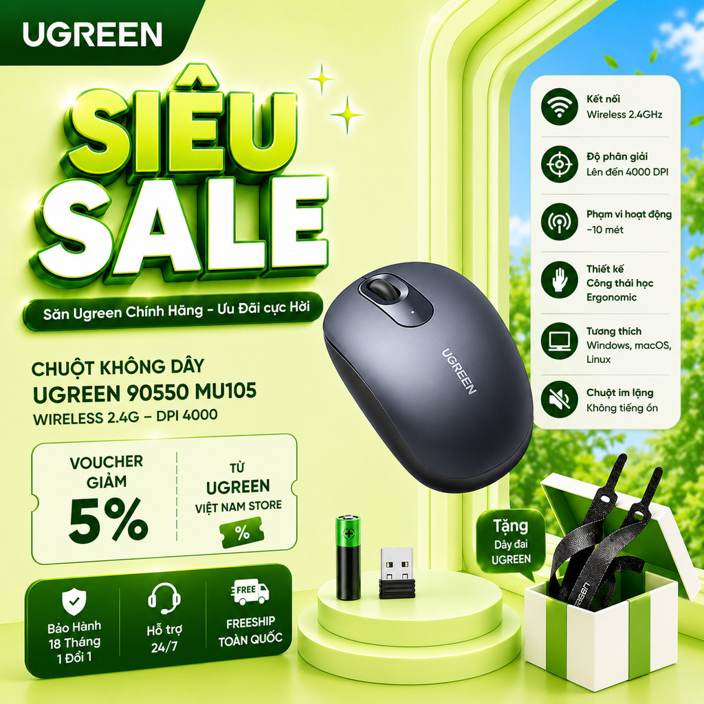 Chuột không dây Silent Ugreen 90550 MU105 65772 M331 Wireless 2.4G – DPI 4000 | BH 18 Tháng 1 Đổi 1