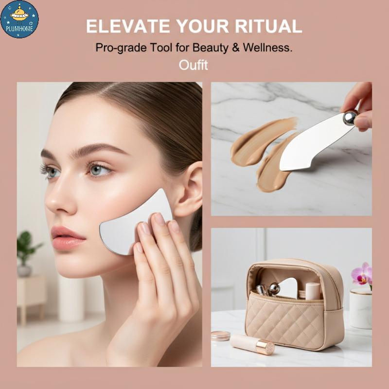 Máy cạo Guasha bằng thép không gỉ PLUMHOME có túi da Pu Thìa kim loại Máy mát xa mặt Dụng cụ chăm só