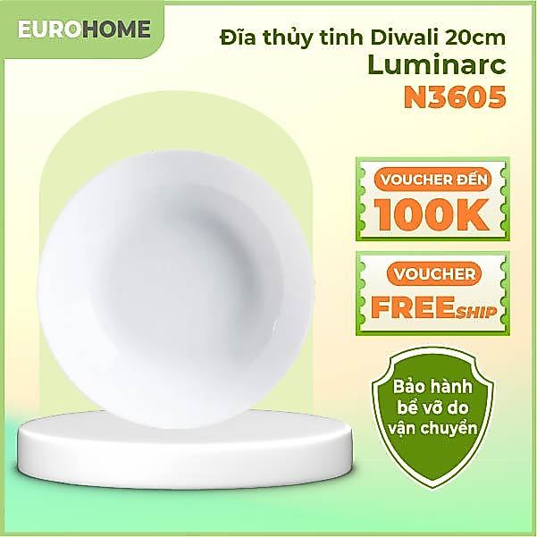 Bộ 6 Đĩa Thủy Tinh Sâu Lòng 20cm Luminarc Diwali N3605*6, An Toàn Trong Máy Rửa Bát và Lò Vi Sóng