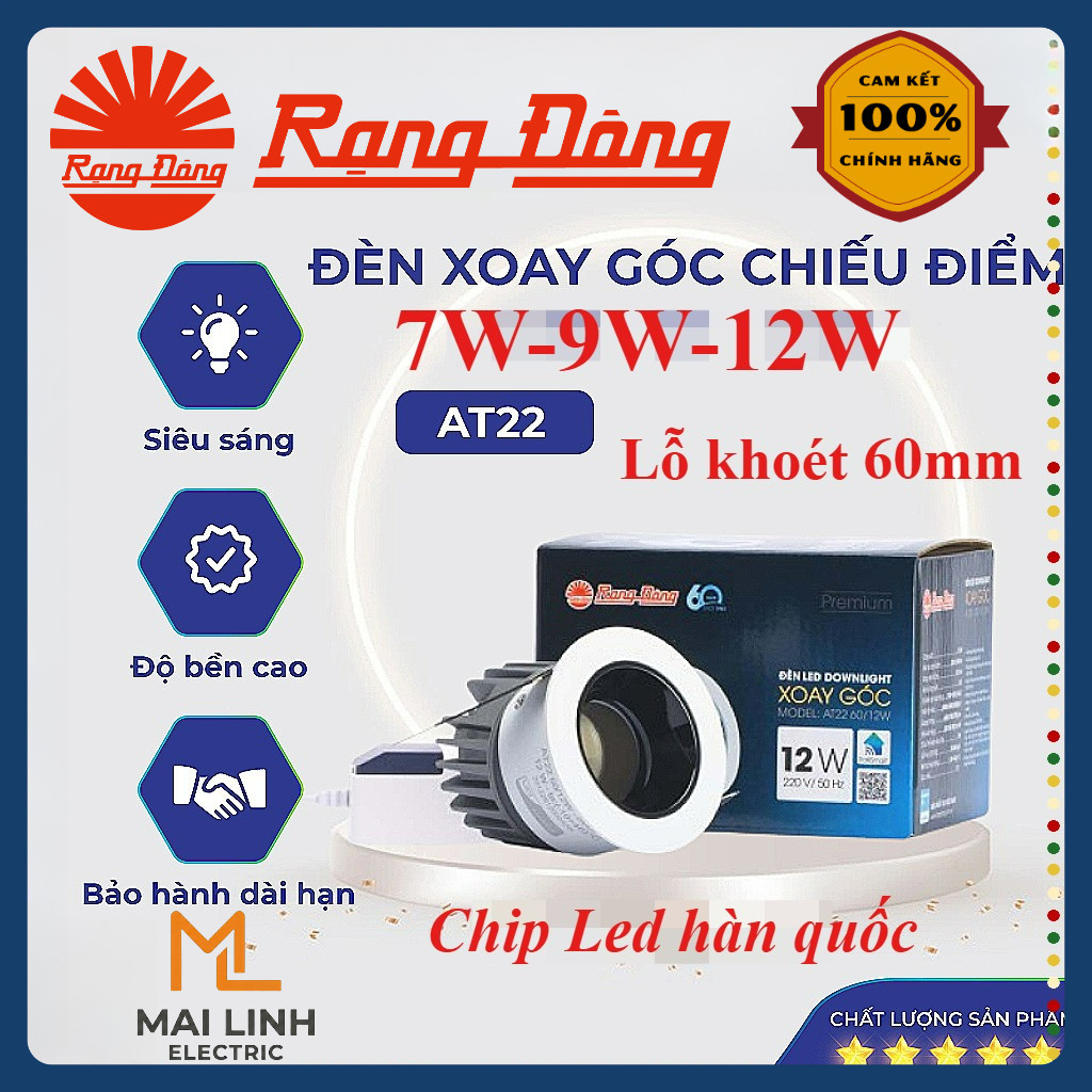 (Rạng Đông) Đèn LED Spotlight âm trần chỉnh hướng 20 độ - Góc Chiếu Điểm 15 độ - Đế nhôm - MODEL AT2