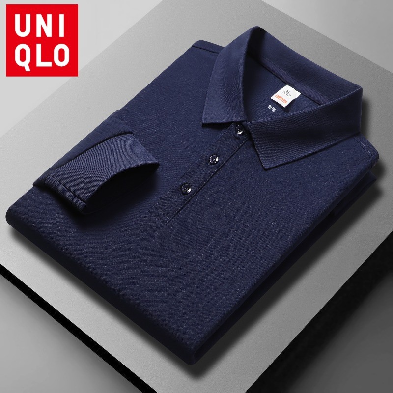 Áo polo nam Uniqlo dài tay màu trơn có cổ, phù hợp mùa thu và mặc hàng ngày