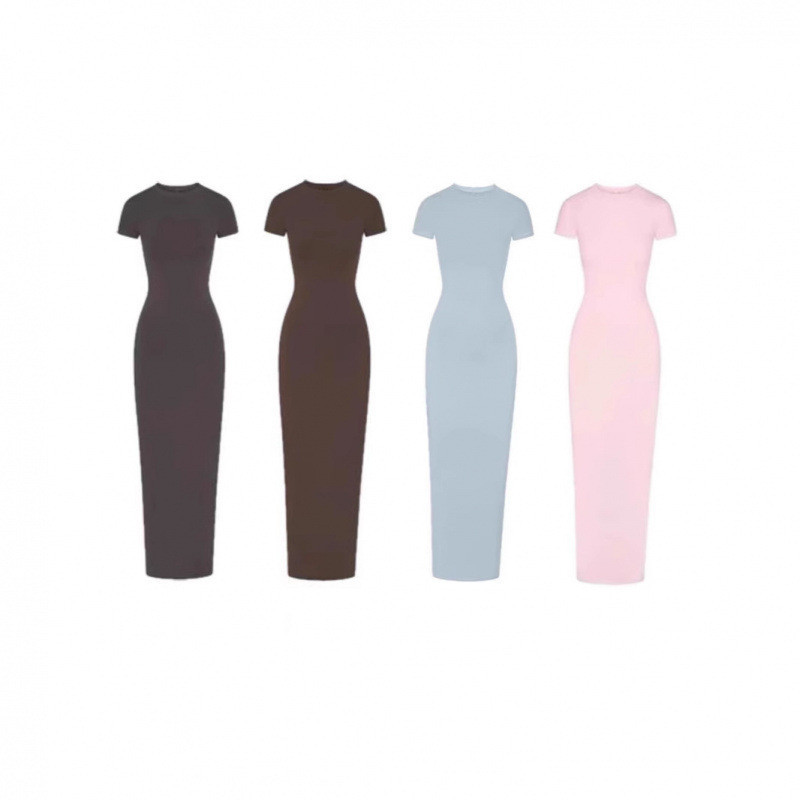 SKIMS Kardashian NEW VINTAGE Long DRESS Slit Ribbed Bodycon Dress Short Sleeve Long Dress