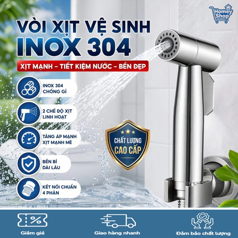 Vòi xịt vệ sinh inox 304 tăng áp,2 chế độ,chống gỉ,đầu nối 4 phân, xịt toilet, nhà tắm-HomeyShop