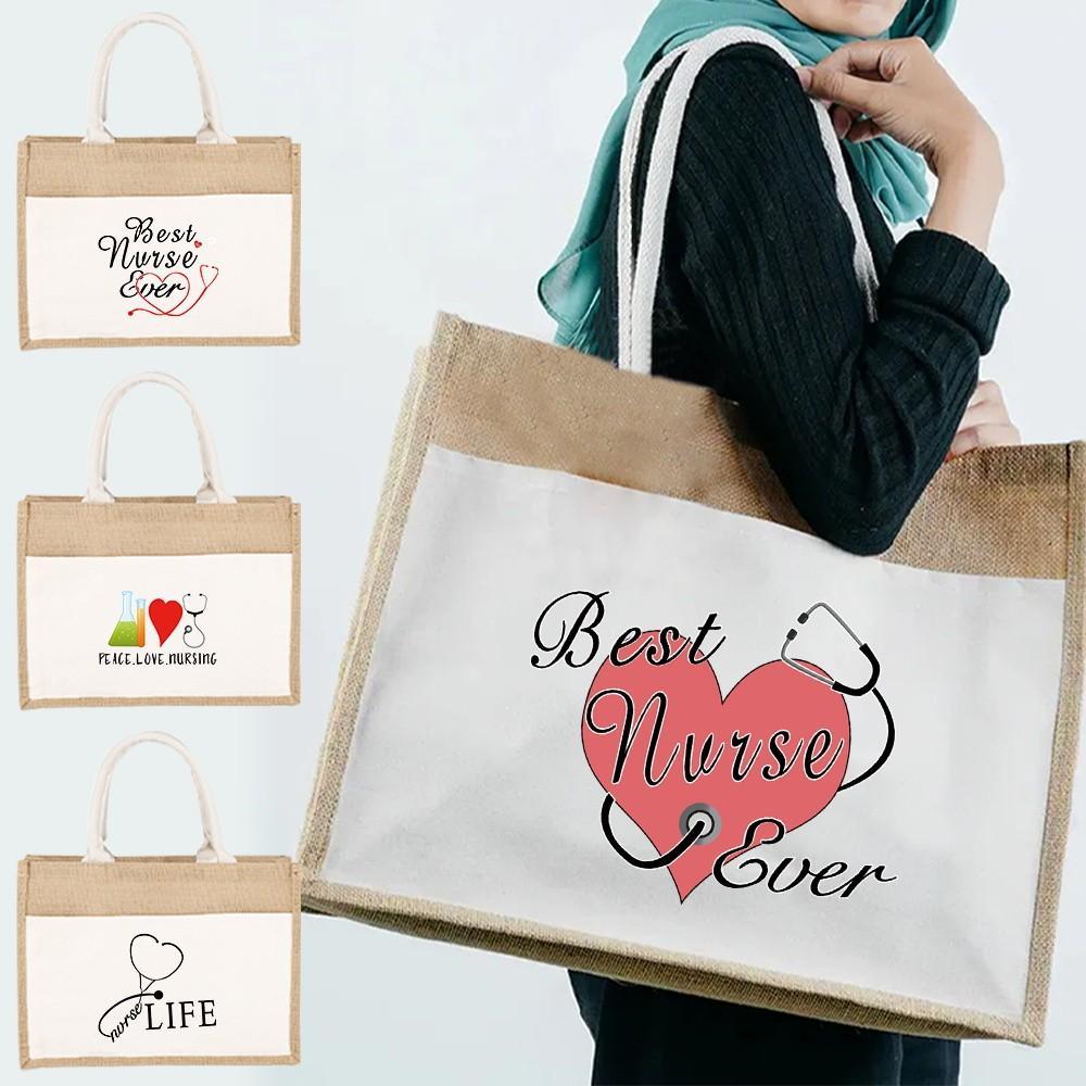 Linen Shoulder Bag Jute Bag Handbag Sacks Jute Linen Bags Women Shopping Bag Nurse Theme Pack Design