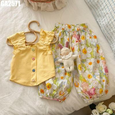 Set Áo Cánh Tiên Nút Hoa Quần Bí Hoa Nhí cho bé gái màu vàng cotton mềm mùa hè MINTSCLOSET GA2571