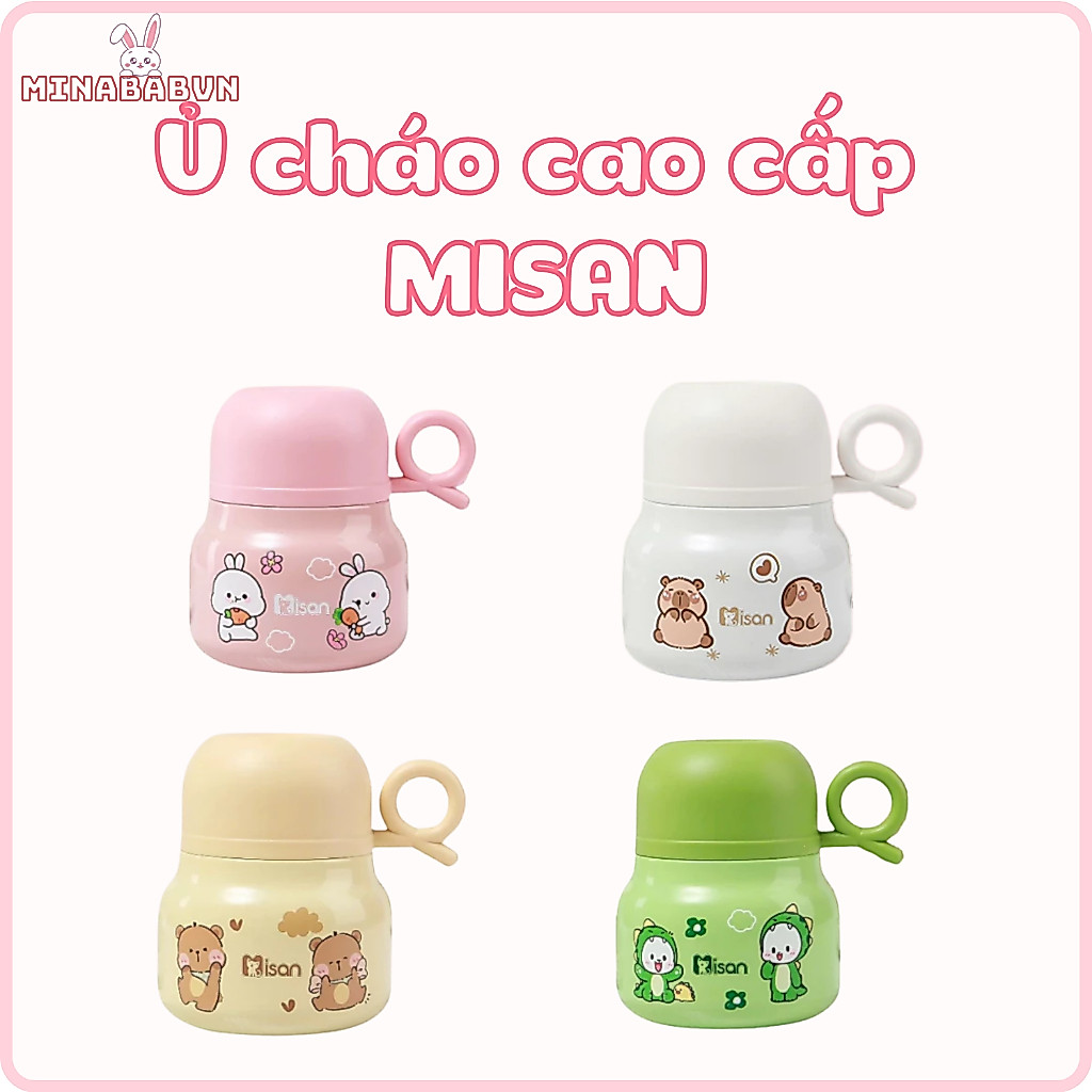 Bình ủ cháo Misan 500ml giữ ấm 10 tiếng, Cốc ủ cháo cho bé ăn dặm Misan cao cấp inox 304 kèm thìa