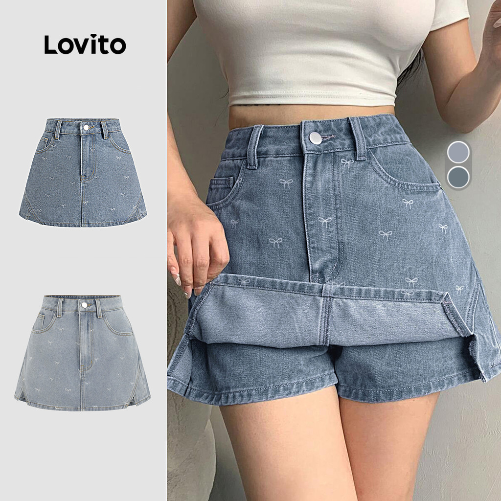 Quần short denim nữ Lovito xanh dương nhạt xuân hè nút giả 2 trong 1 phong cách thường ngày L139AD019