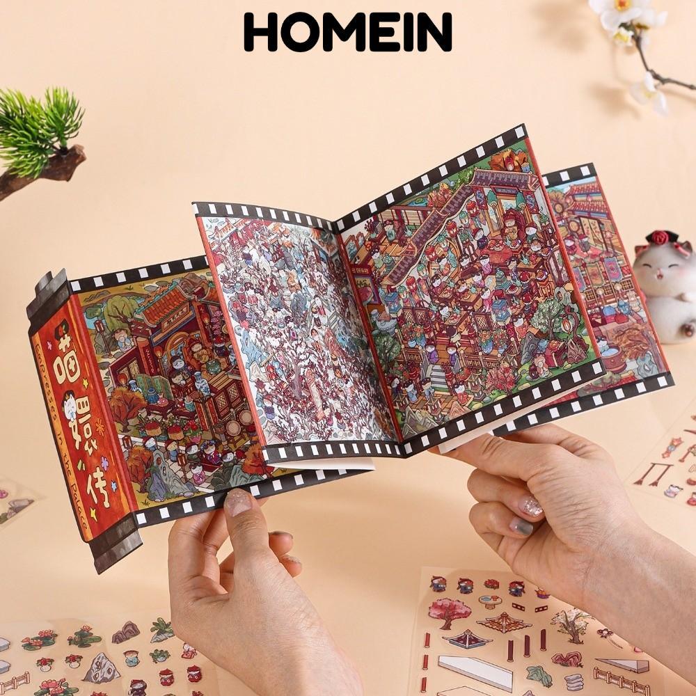 HOMEIN DIY Sticker Book, Scroll Style Cartoon Cat Cabin Scene, Meow Gets Into Character Kawaii Desig
