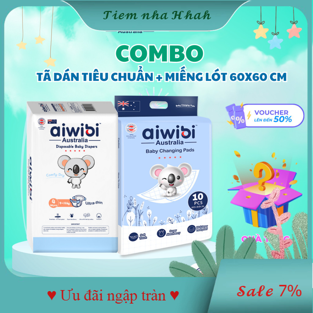 COMBO Tã Dán Aiwibi Tiêu Chuẩn ban ngày & Miếng Lót Aiwibi 60x60cm – Chăm Sóc Toàn Diện, Êm Ái Cho B