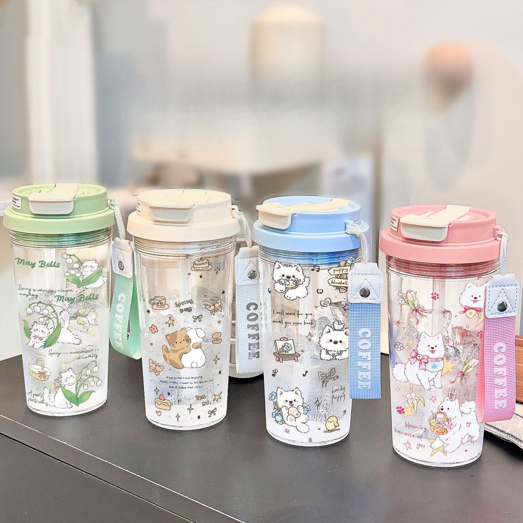 Chú Mèo Công Chúa Nơ（Dung Tích 550ml）Cốc Nước Nhựa Trong Suốt Ống Hút Uống Trực Tiếp Đính Kèm Dây Cầ