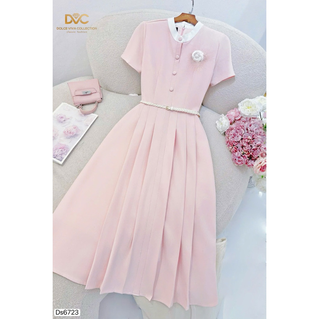 (Váy/Đầm Chính Hãng DVC) Ds6723 Thiết kế kèm tag cài thủ công, đai, váy hồng xếp ly may kỹ