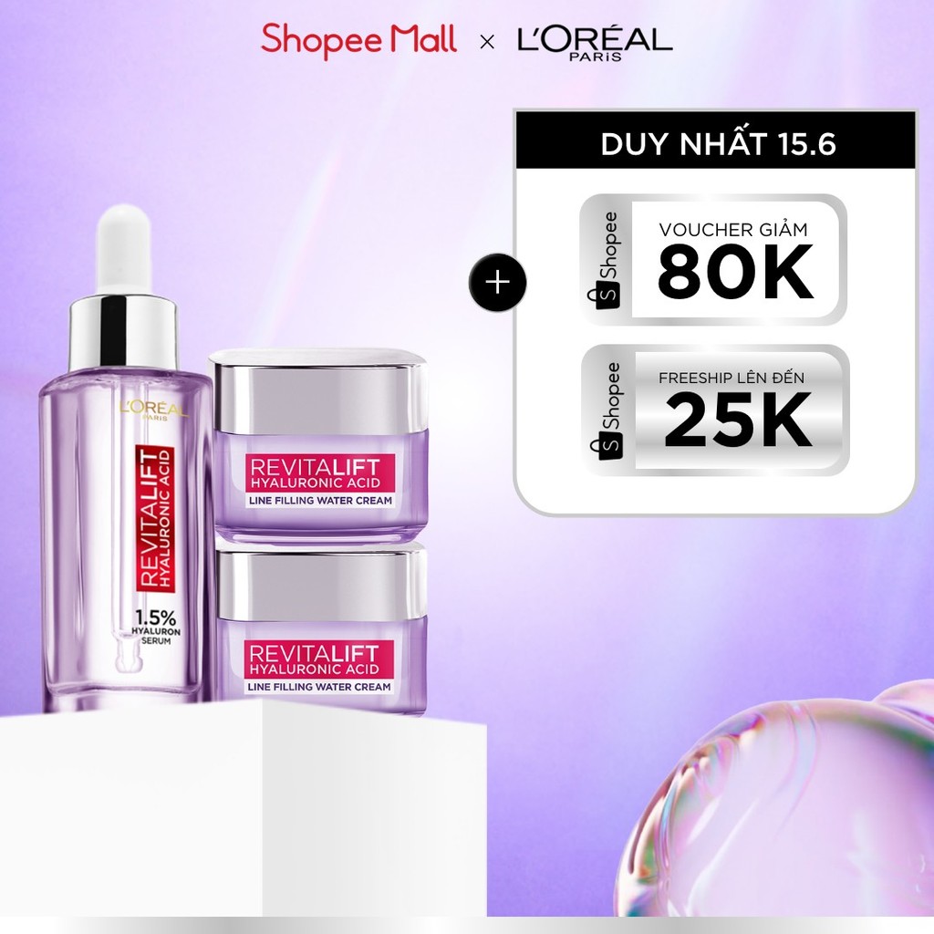 Bộ Serum 30ml và 2 kem dưỡng siêu cấp ẩm và giảm nếp nhăn 15ml x2 L'Oreal Paris Revitalift HA 1.5%