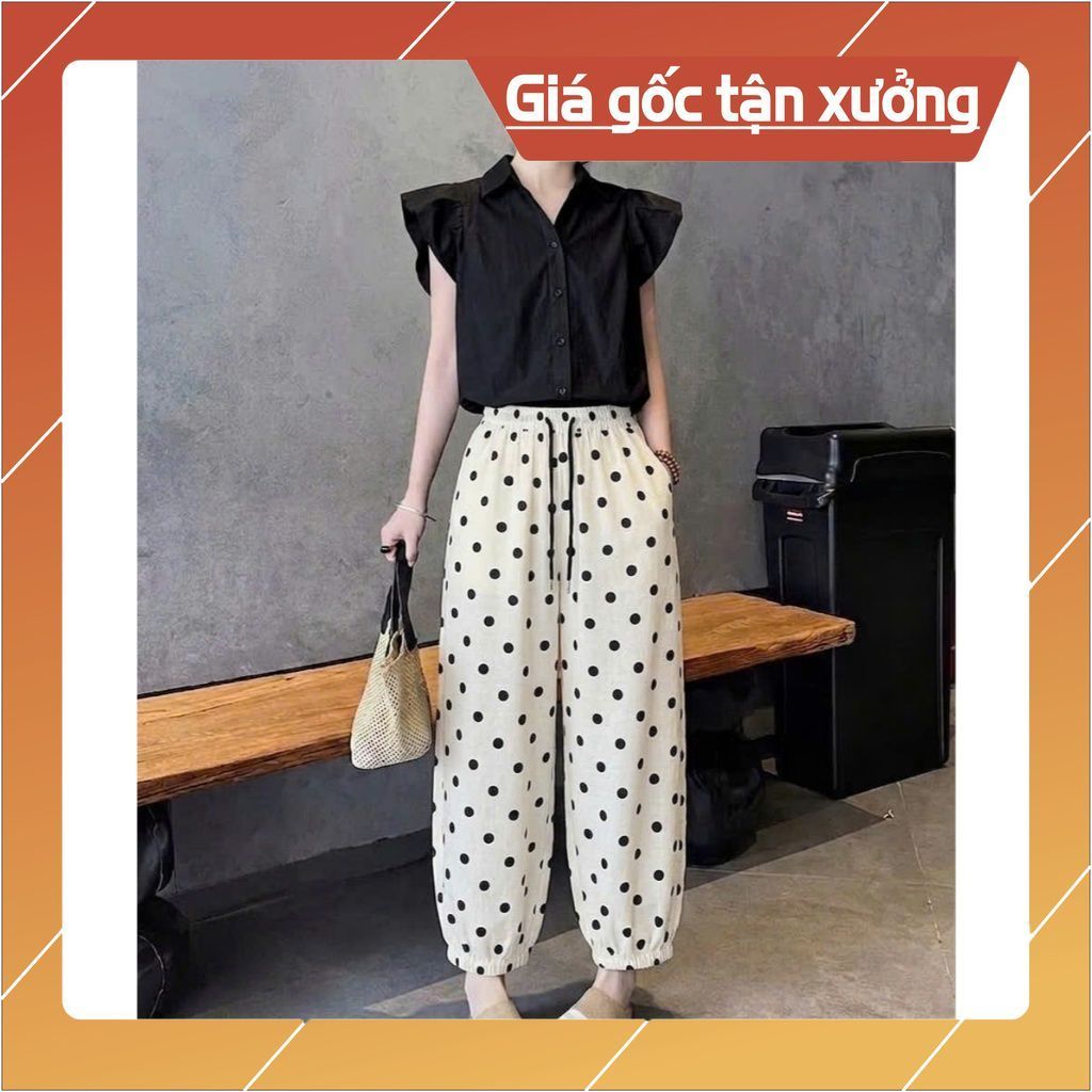 Quần Linen Chấm Bi Nữ Q120, Quần Suông Ống Rộng Cạp Cao Tôn Dáng MiuMiu Fashion