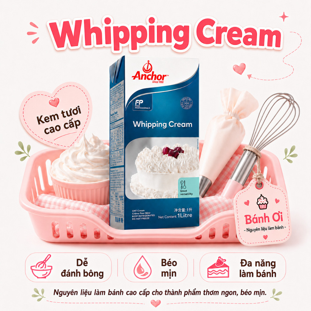 Kem Whipping Cream Anchor, Whipping, Kem Sữa Tươi Whipping, Whipping Cream - Hộp 1lit