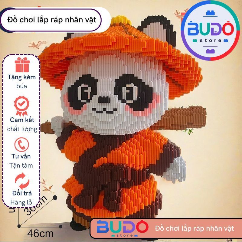 Đồ chơi xếp hình gấu trúc đội nón lá cam cầm gậy 55cm kungfu panda đồ chơi lắp ráp nano 3d magic blo