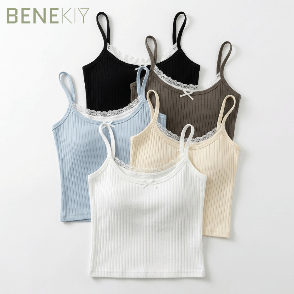 BENEKIY Spaghetti Dây Tank, Viền Ren Viền Ren Cami Top, Ngọt Spaghetti Dây Nơ Accent Slim Fit Bralet
