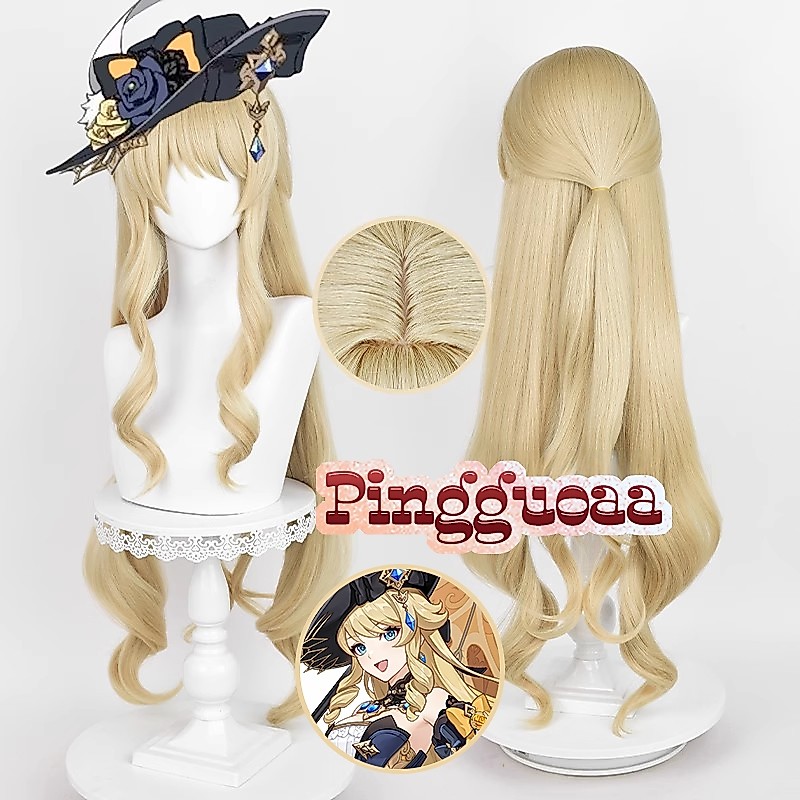 Genshin Impact Fontaine Navia Cosplay Wig 95cm Long Curly Linen Gold Heat Resistant Synthetic Wigs